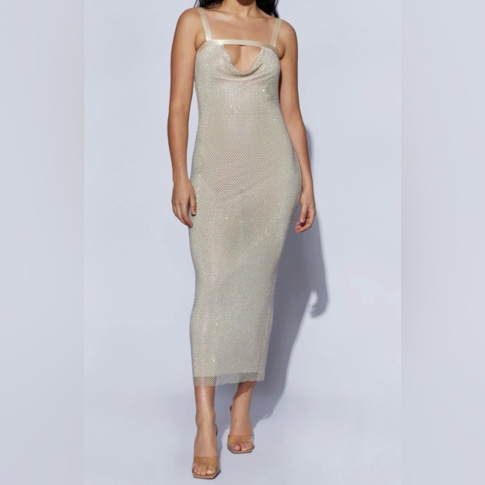 SOLD OUT Meshki Mehry Diamanté Mesh Cowl Neck Dress - Ivory/Cream